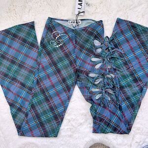 I.AM.GIA Butterfly Bow Cut-Out Mesh Festival Pants XS - Gingham Blue